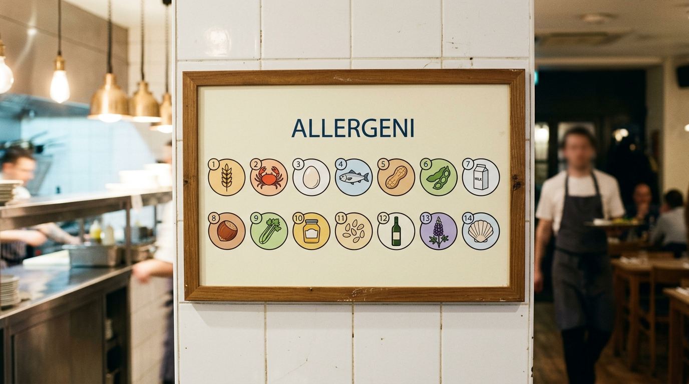 Cartello degli allergeni con i 14 simboli numerati appeso alla parete piastrellata di un ristorante, accanto al pass