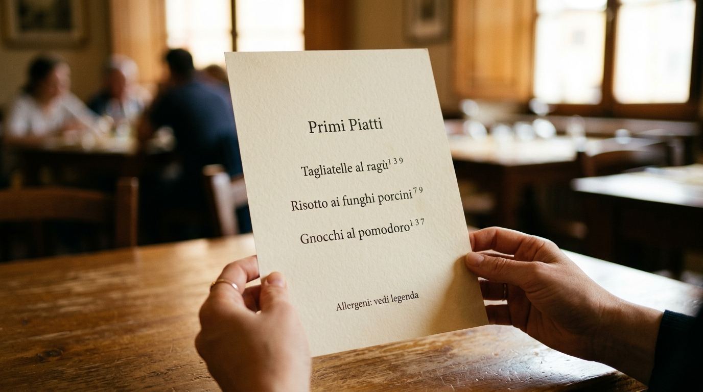 Menù di una trattoria italiana con i numeri degli allergeni accanto a ogni piatto e il rimando alla legenda