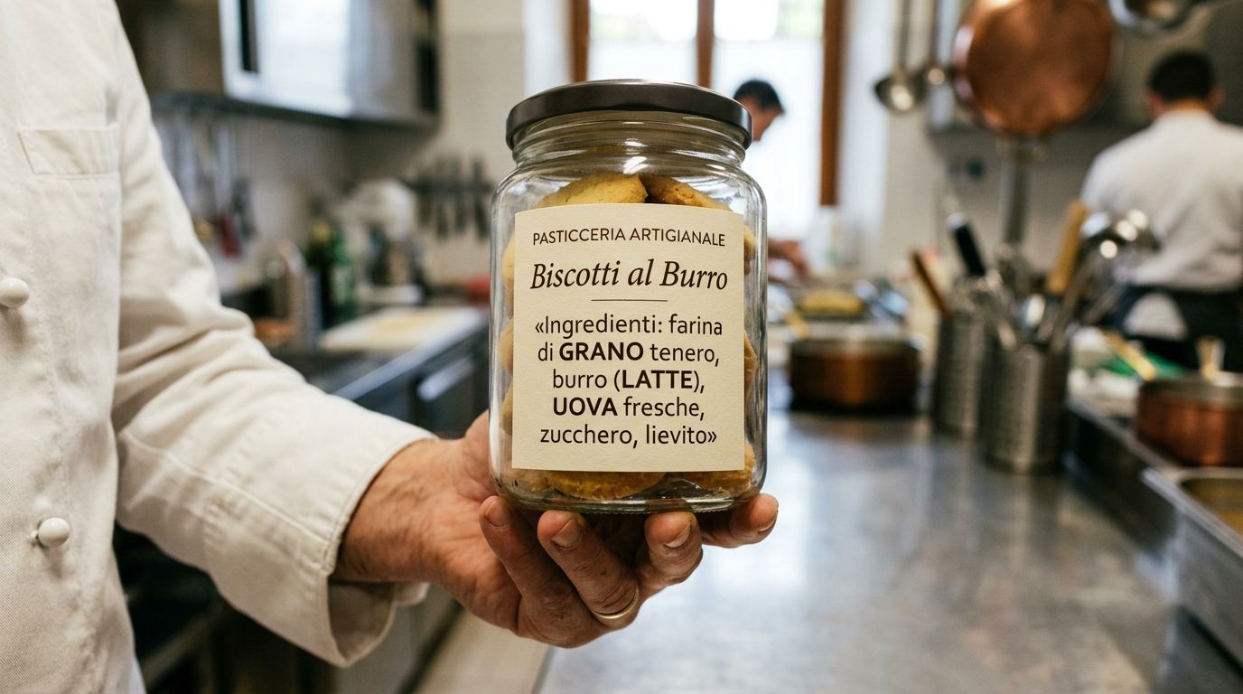 Etichetta di un barattolo di biscotti con l'elenco ingredienti e gli allergeni GRANO, LATTE e UOVA evidenziati in maiuscolo grassetto
