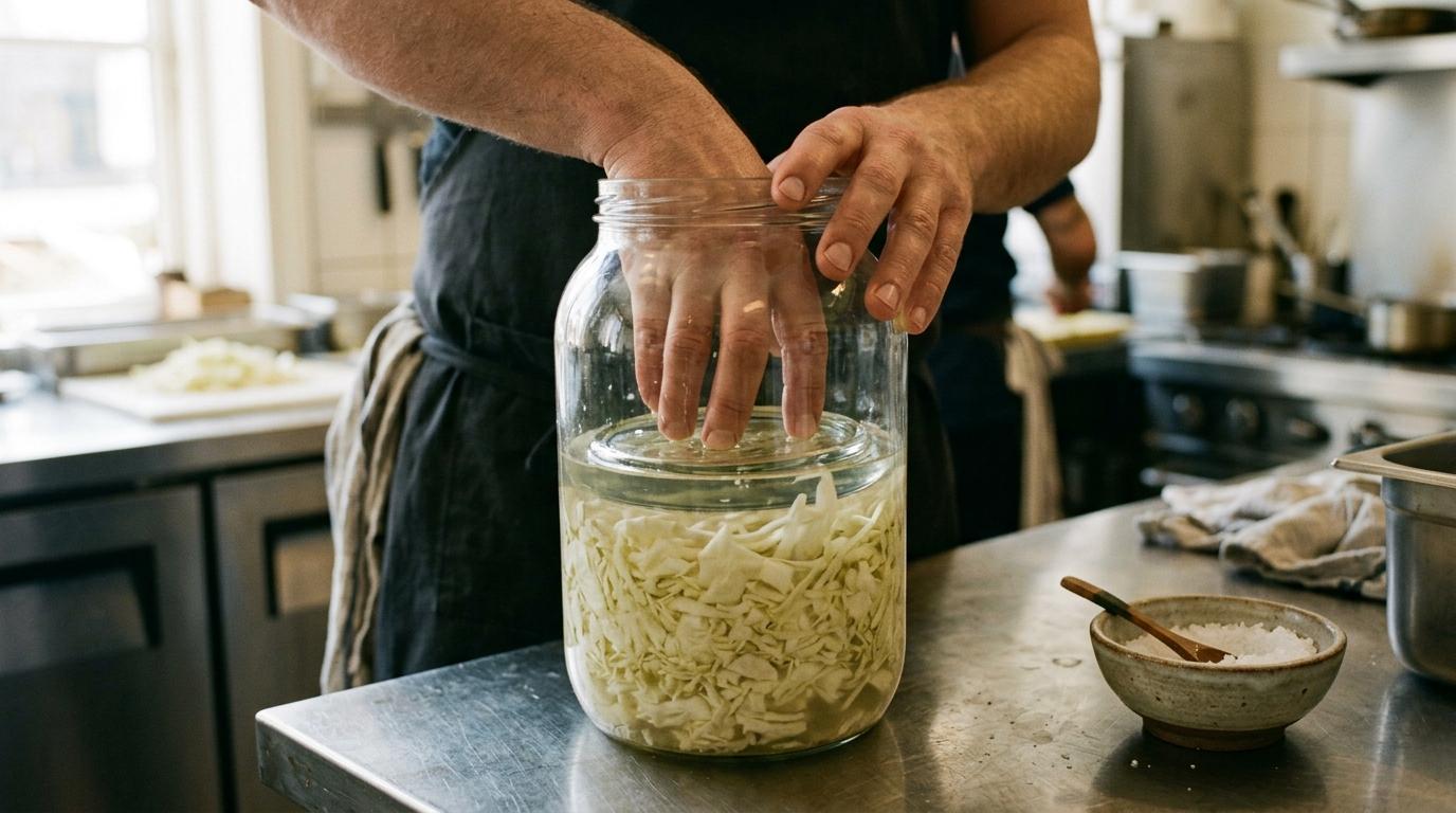 Die Hände eines Kochs drücken geriebenen Weißkohl in einem großen Glas unter die Lake, ein Glasgewicht liegt bereit, daneben eine Schale mit grobem Salz