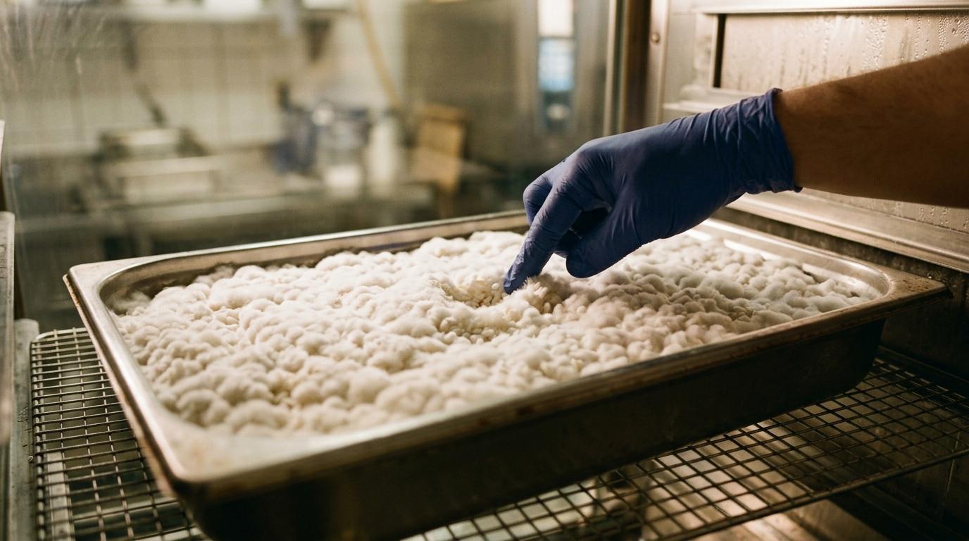 Ein Gastronorm-Behälter mit Reis, der von einer flaumigen weißen Koji-Schicht überzogen ist, eine behandschuhte Hand prüft die Oberfläche im Gärschrank
