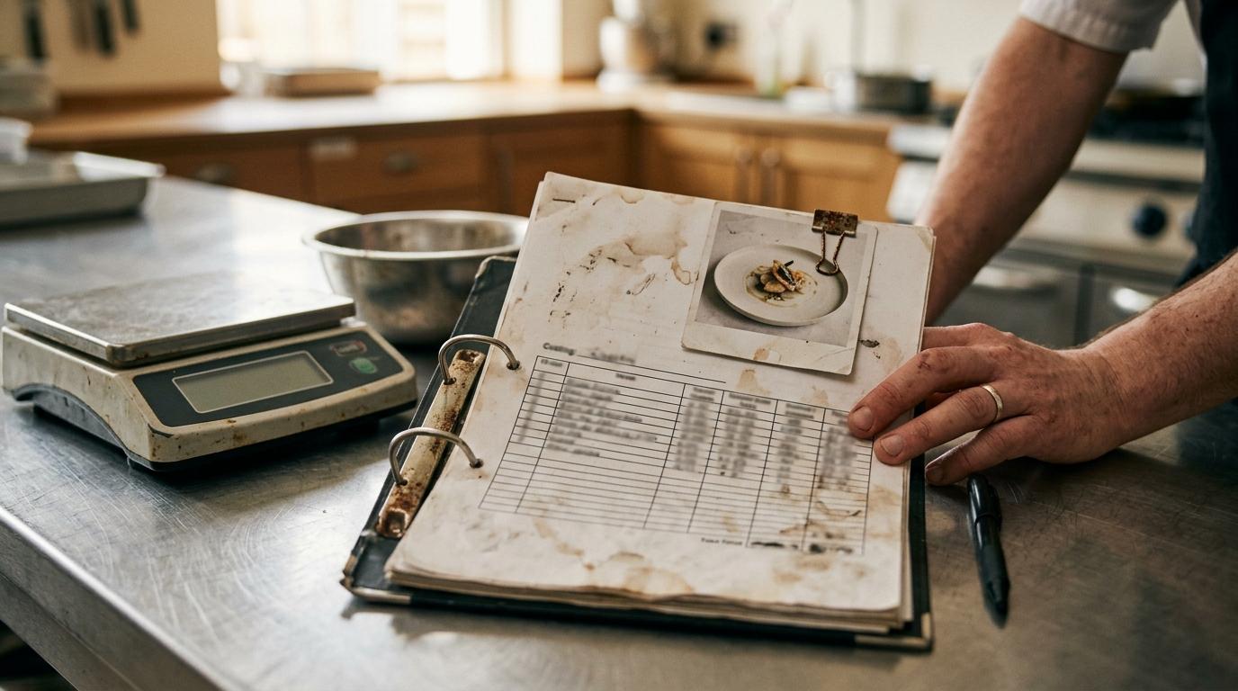 Un classeur de fiches techniques ouvert en cuisine, photo du plat agrafée et grille de coûts, à côté de la balance