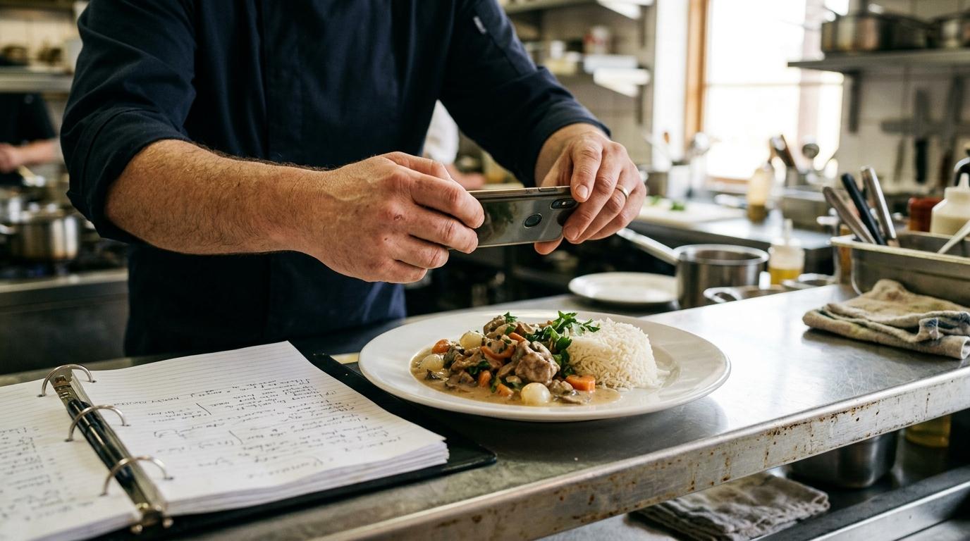 Les mains d'un chef photographient au smartphone une blanquette de veau dressée, le classeur des fiches ouvert à côté
