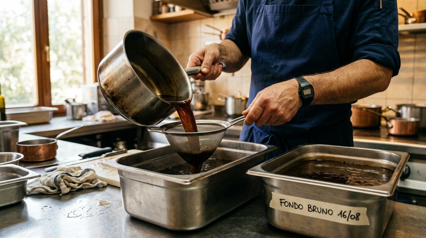 Le mani di un cuoco colano il fondo bruno attraverso un colino fine in una gastronorm, accanto a un contenitore già etichettato Fondo bruno 16/08