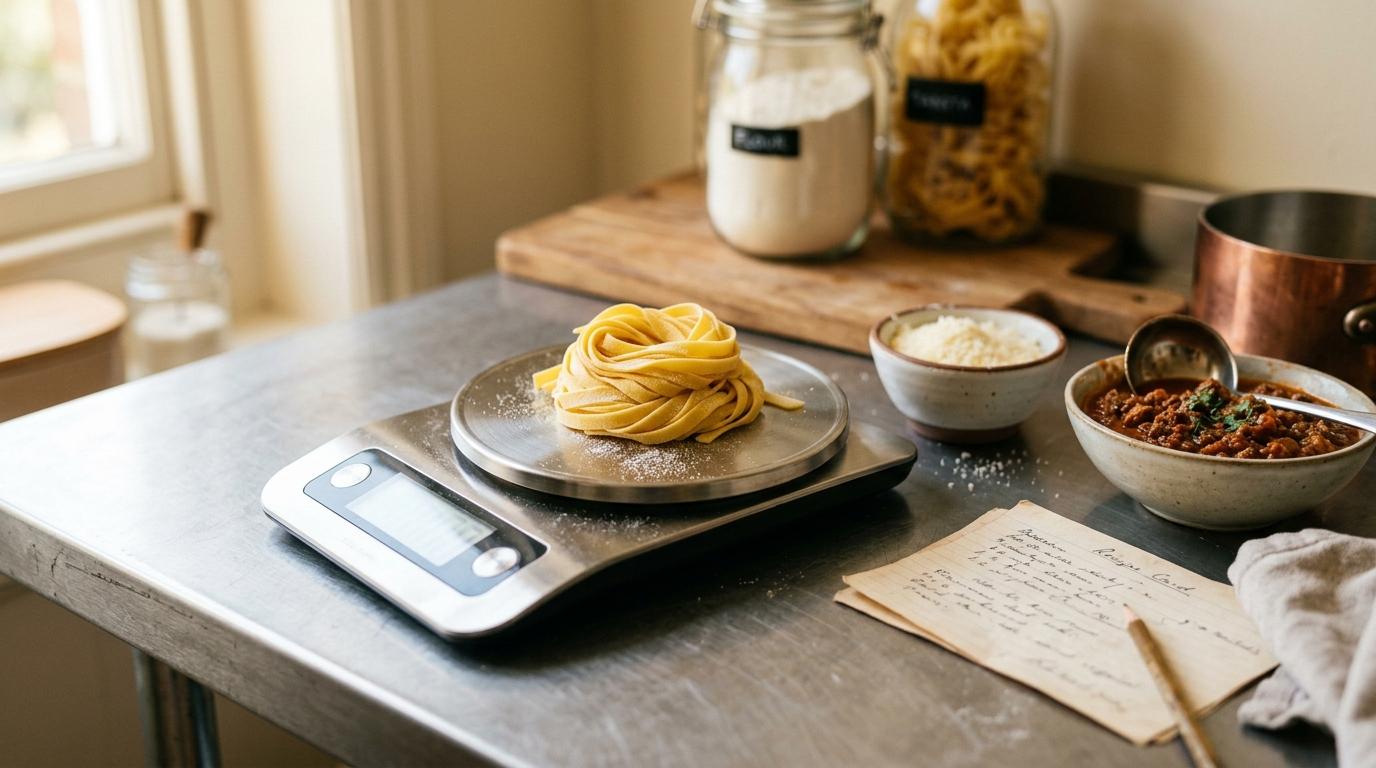 Un nido di tagliatelle fresche sulla bilancia da cucina, accanto a ragù e parmigiano già porzionati per lo scandaglio