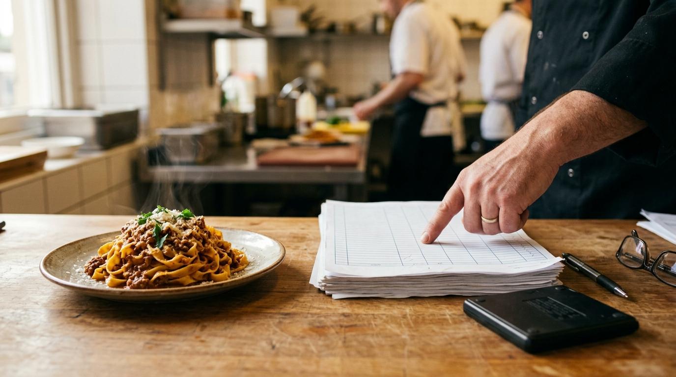 Un piatto di tagliatelle al ragù fumante accanto alla pila di scandagli quadrettati e alla calcolatrice, sulla scrivania di una cucina
