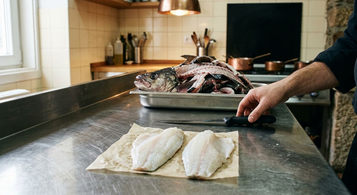 Bancada de inox com dois lombos de peixe limpos sobre papel vegetal em primeiro plano e, atrás, um tabuleiro gastronorm com a cabeça, a espinha e as aparas do mesmo peixe