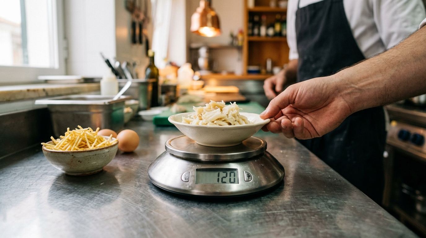 Balança digital de cozinha sobre bancada de inox com uma taça de bacalhau desfiado no prato e o mostrador a marcar 120 g, com batata palha e dois ovos ao lado
