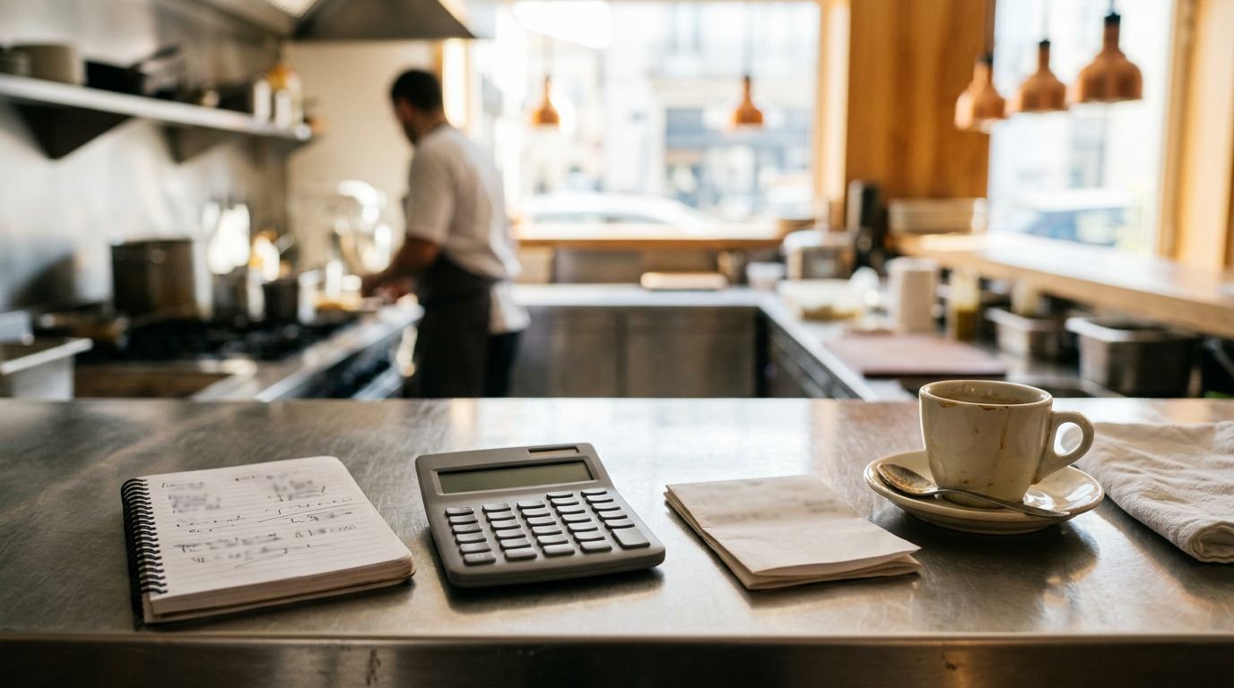 Bancada de inox de uma cozinha profissional depois do serviço, com um caderno de notas aberto, uma calculadora, guias de fornecedor dobradas e uma chávena de café vazia