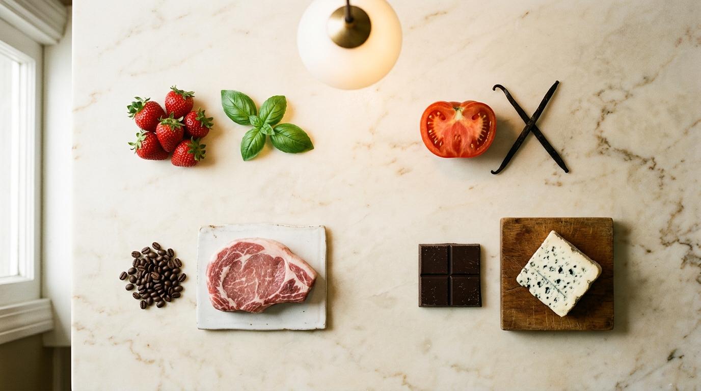 Parejas de ingredientes agrupadas por afinidad aromática sobre mármol: fresa y albahaca, tomate y vainilla, café y cerdo, chocolate y queso azul