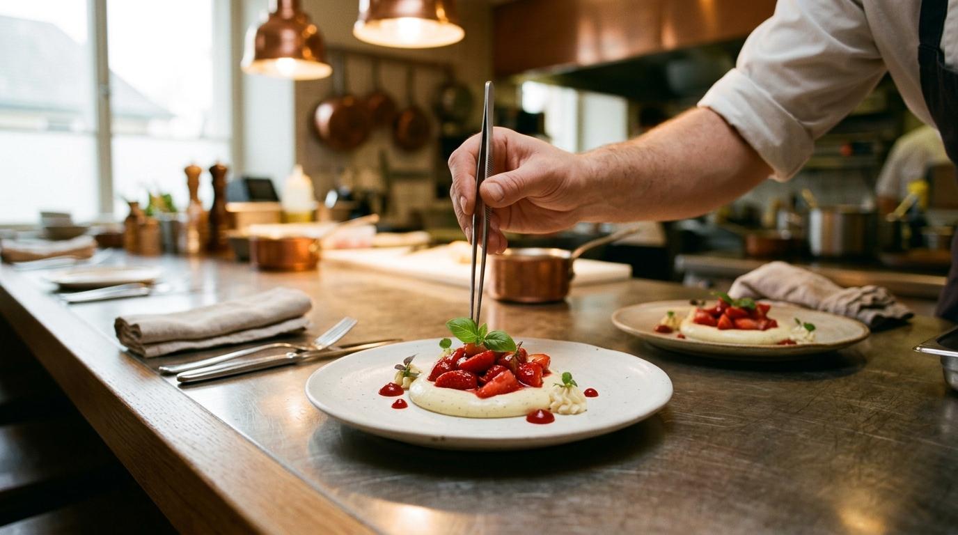 Emplatado en el pase de una cocina profesional: unas pinzas colocan una hoja de albahaca sobre un plato de fresa
