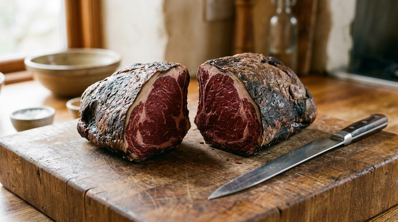 Lombata di manzo frollata a secco tagliata a metà sul ceppo: crosta esterna scura e interno rosso rubino compatto