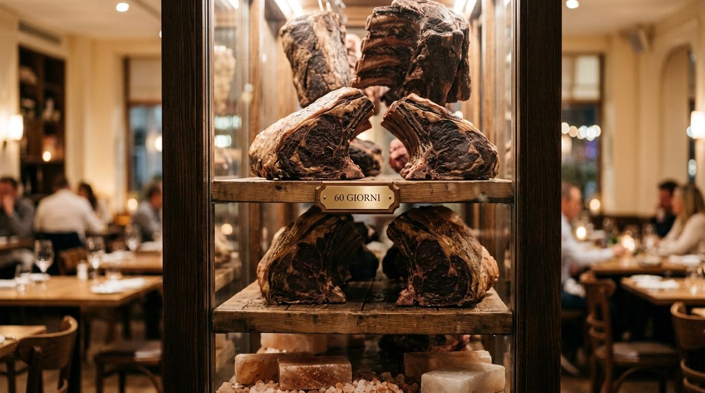 Vetrina di frollatura a secco di un ristorante con lombate e costate dalla crosta scura e il cartellino 60 giorni