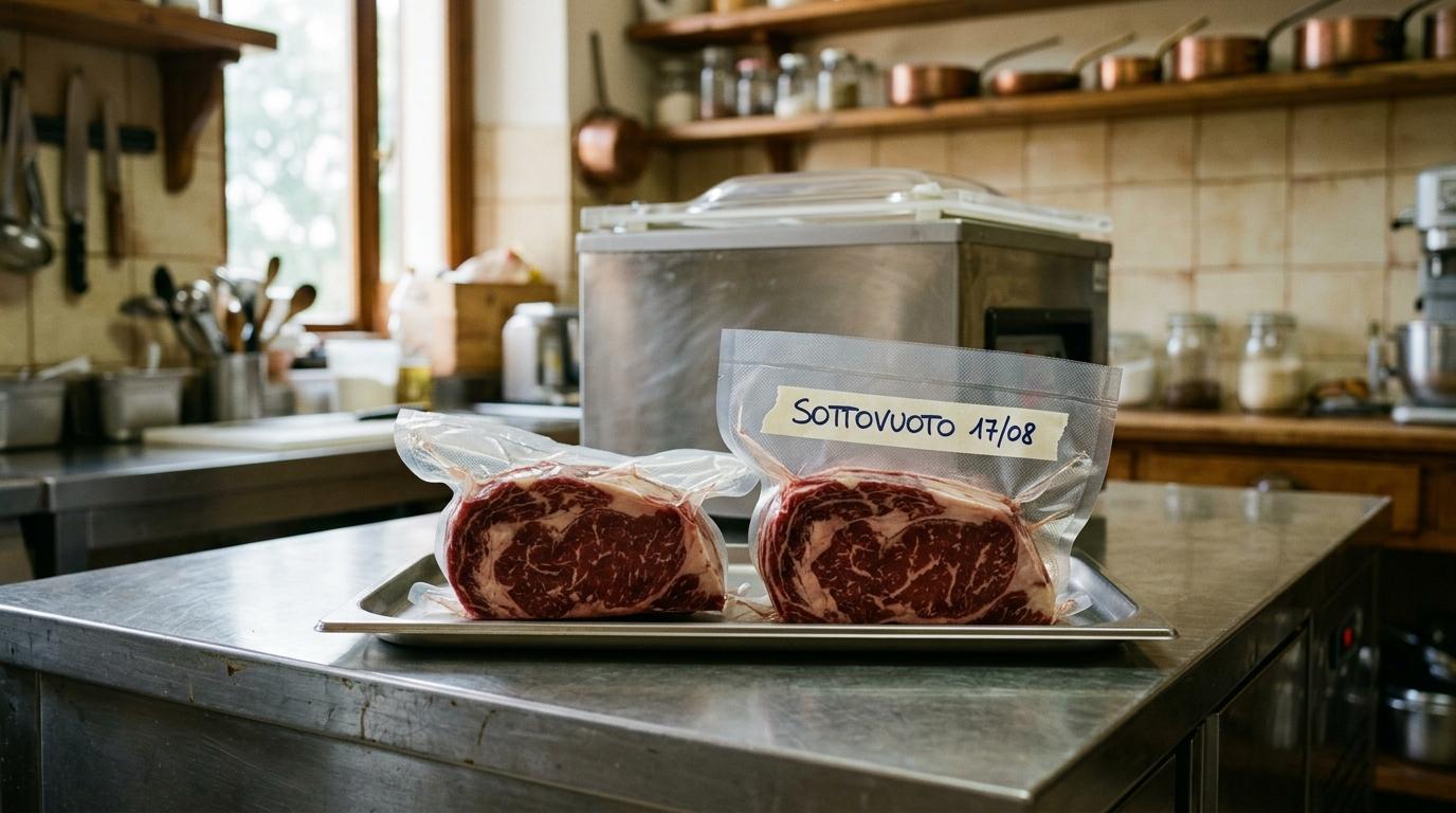 Due tagli di manzo sottovuoto etichettati su un vassoio in una cucina professionale, con la confezionatrice sullo sfondo