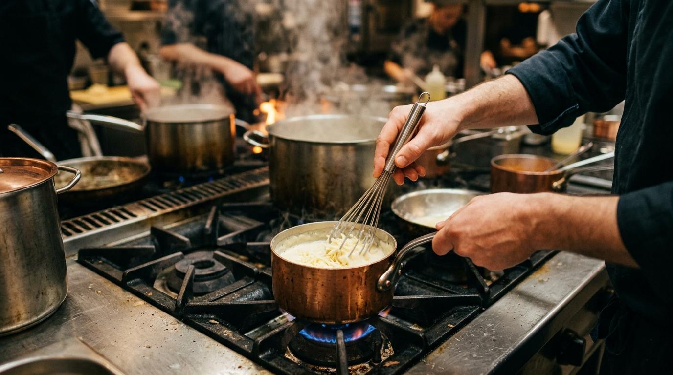 Die Hände eines Sauciers schlagen geriebenen Käse in einen kleinen Topf mit weißer Sauce — aus der Béchamel wird die Mornay