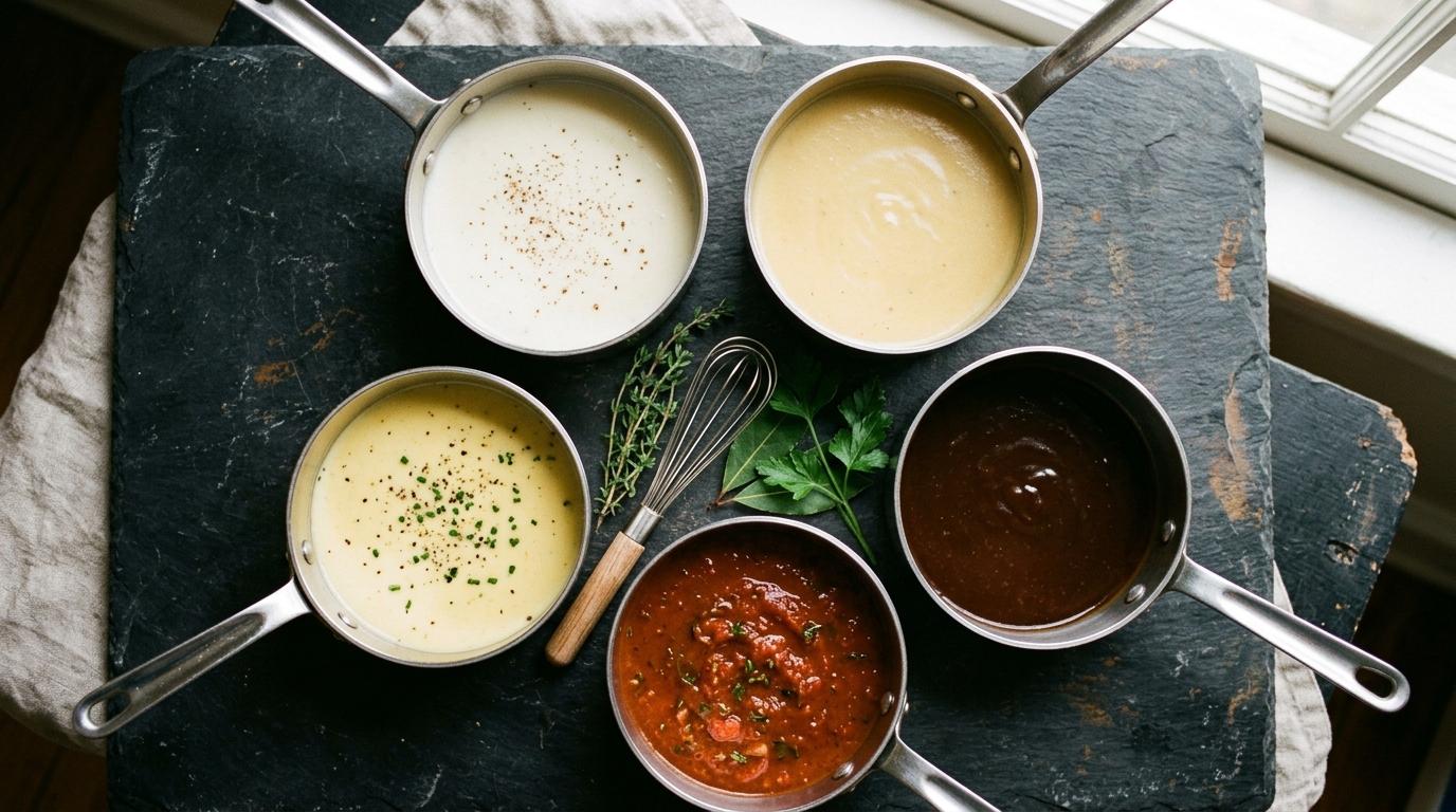 Fünf kleine Stahltöpfe im Kreis auf dunklem Schiefer, jeder mit einer der fünf Grundsaucen: Béchamel, Velouté, Espagnole, Tomatensauce und Hollandaise