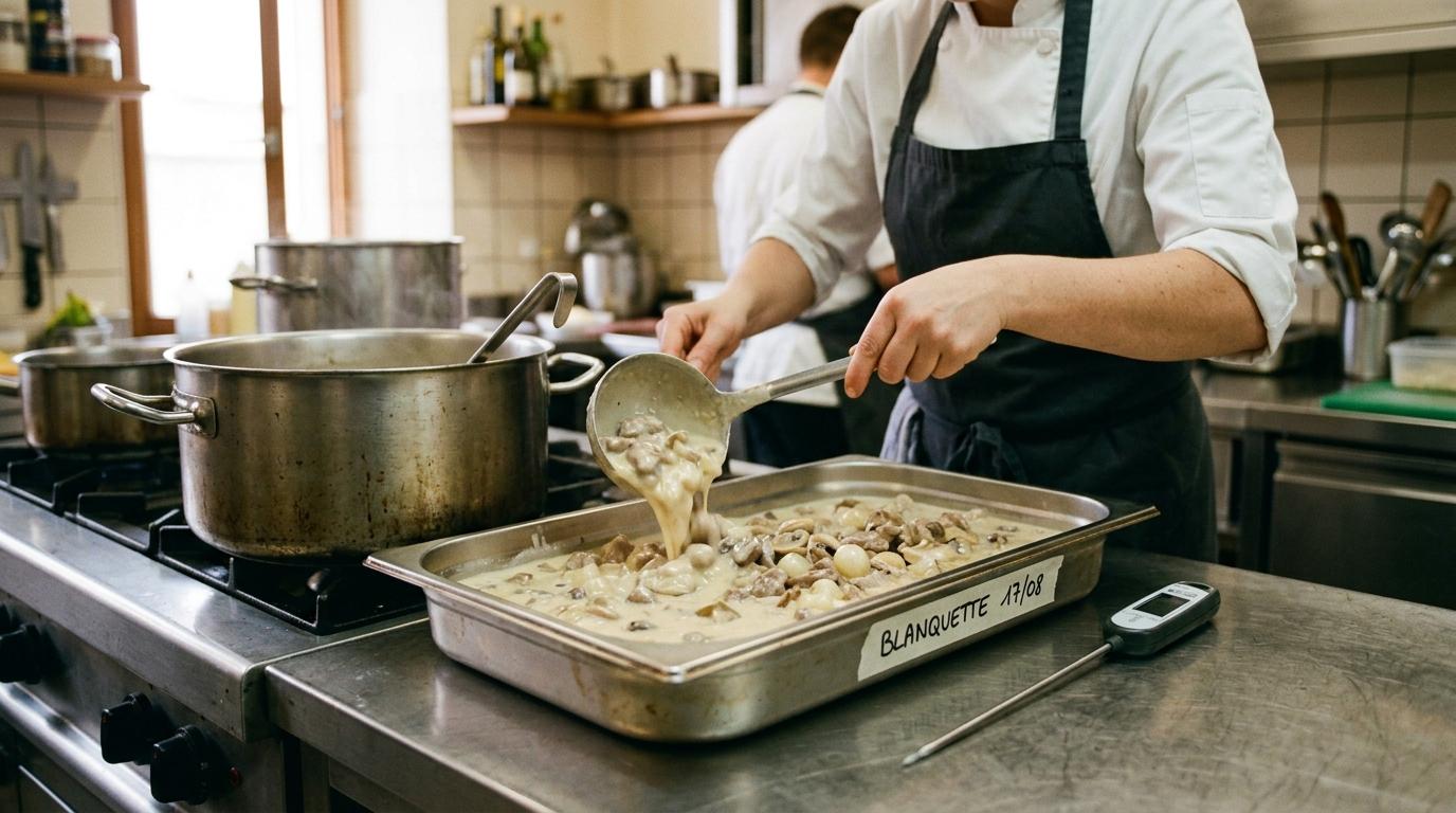 Une blanquette de veau est transférée dans un bac gastronorme étiqueté pour le refroidissement rapide, sonde de température posée à côté