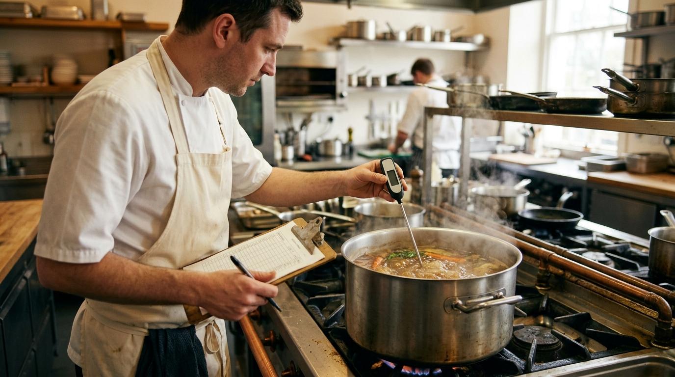 Un chef relève la température d'une marmite avec une sonde numérique, planchette de relevés à la main, dans une cuisine professionnelle