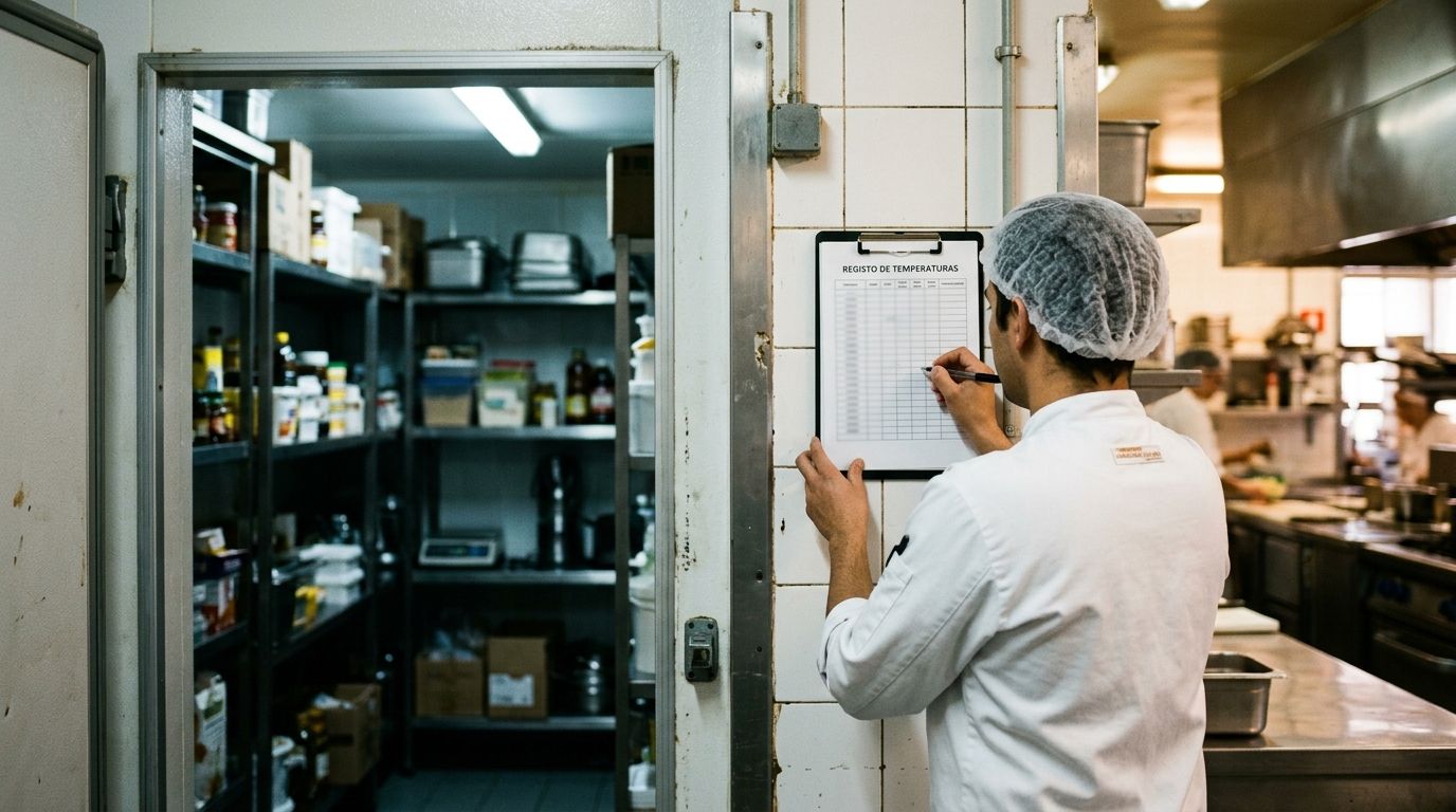 Cozinheiro de touca, visto de costas, escreve numa folha de registo de temperaturas presa numa prancheta na parede, junto à porta aberta de uma câmara frigorífica profissional