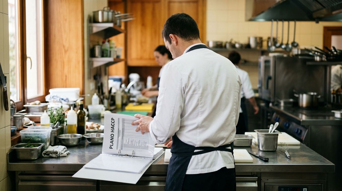 Chef de costas numa cozinha profissional a consultar um dossier aberto com a capa Plano HACCP sobre a bancada de inox