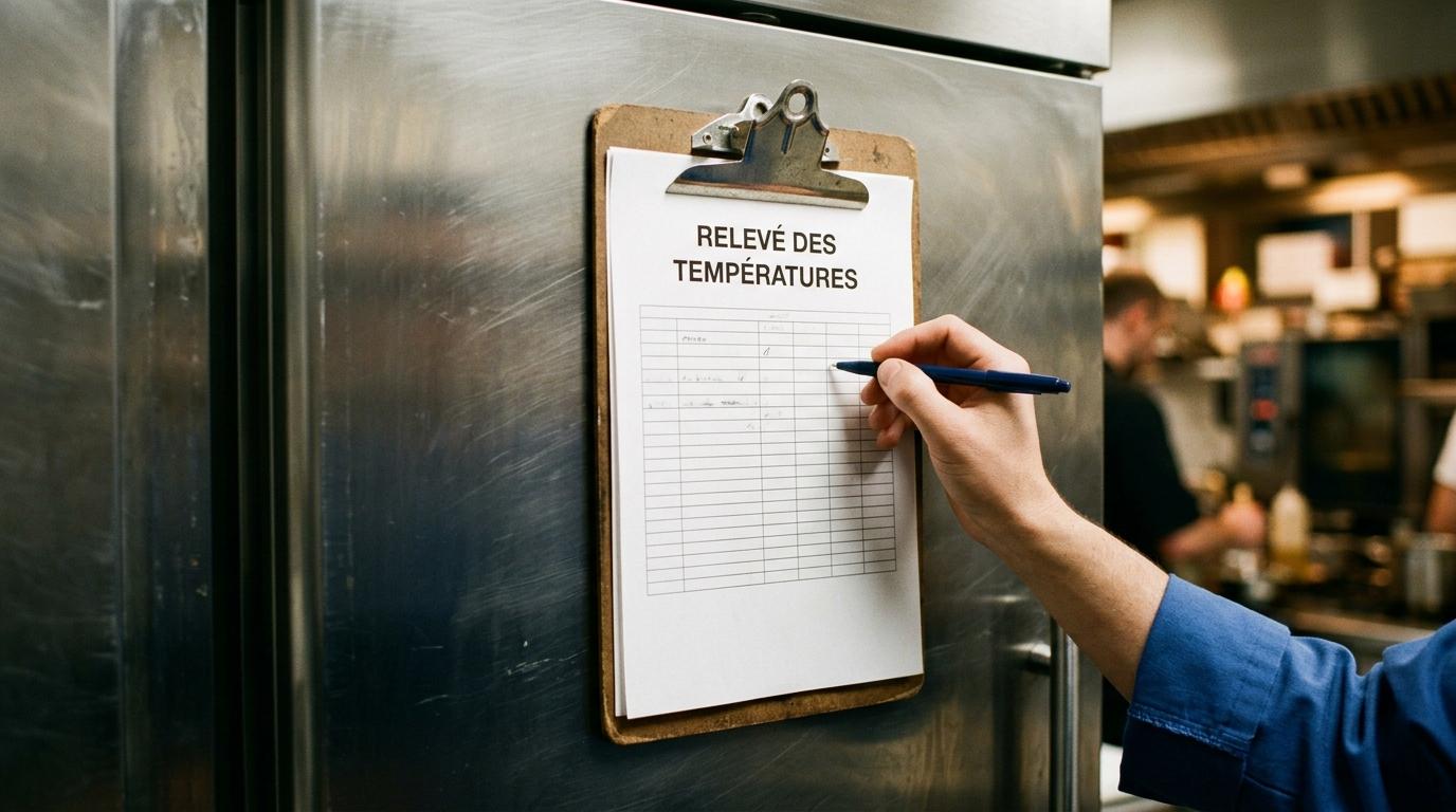 Une main remplit au stylo la feuille de relevé des températures accrochée à la porte d'un réfrigérateur professionnel