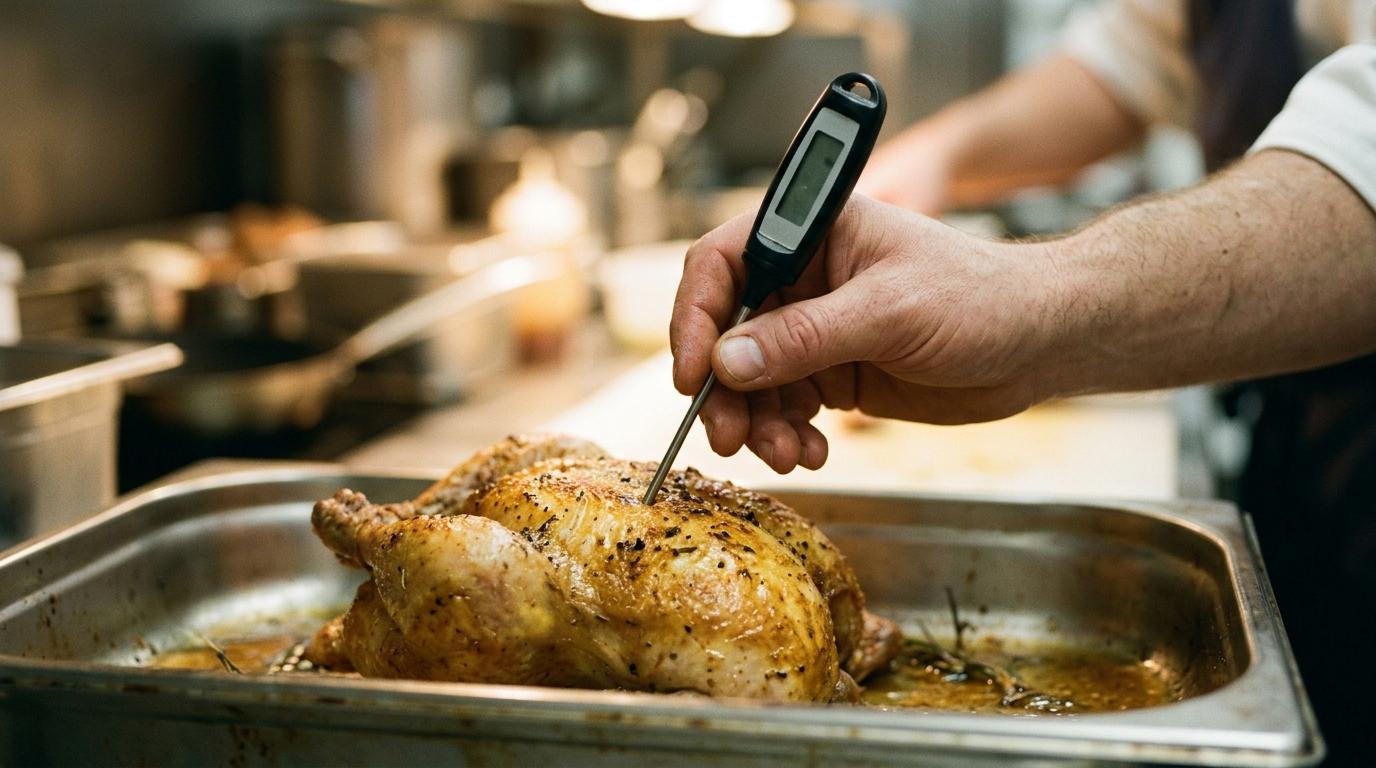 Eine Hand steckt einen digitalen Kerntemperaturfühler in ein gebratenes Hähnchen in einer Edelstahl-Gastronormschale