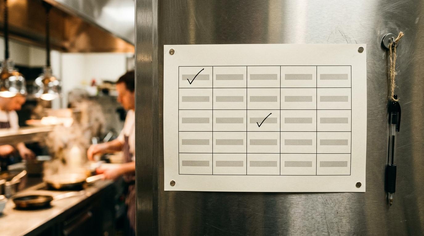 Ein ausgedruckter Prozessplan als Tabelle hängt an einer Edelstahlwand neben dem Pass, daneben ein Stift an einer Schnur