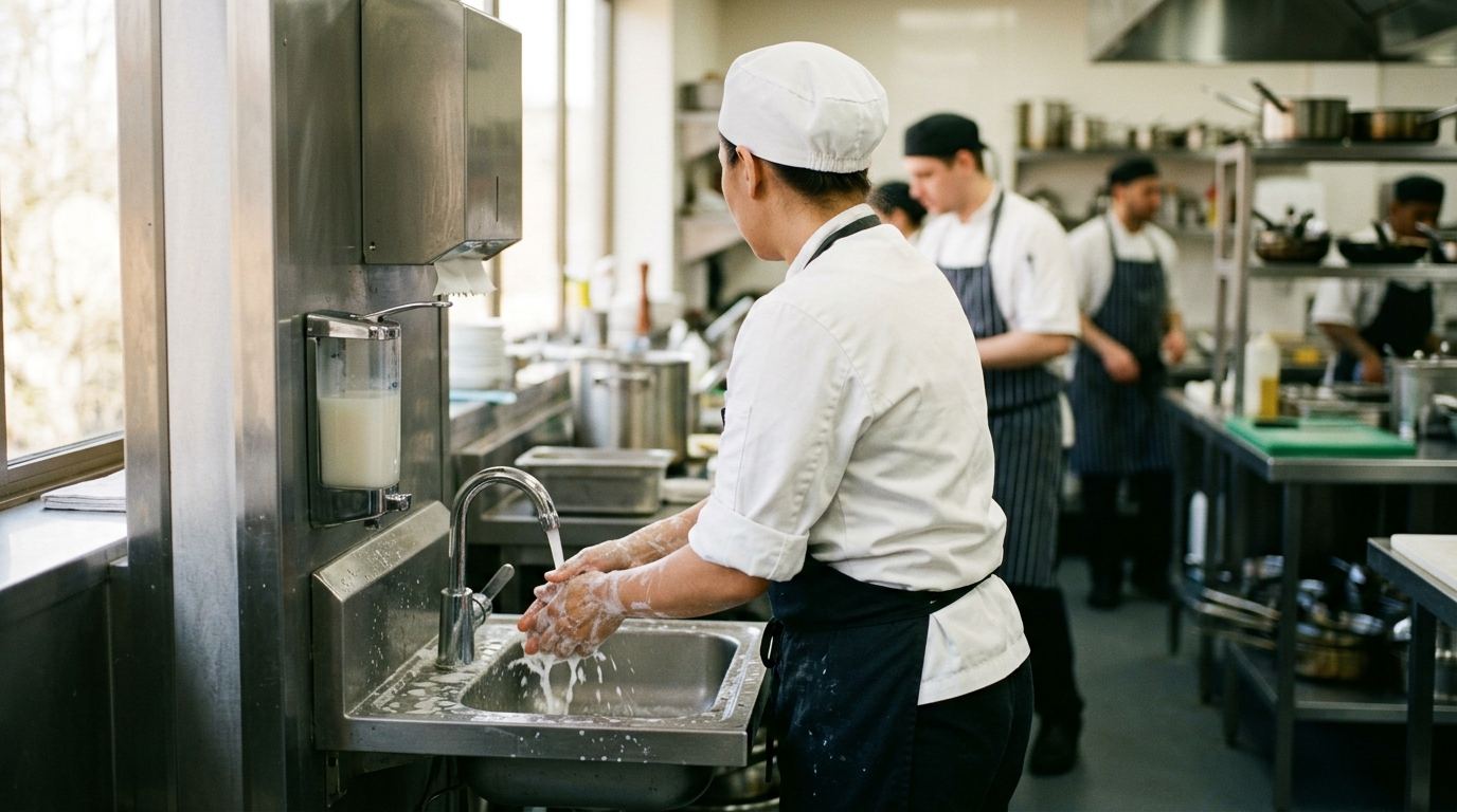Cozinheira de touca e jaleca branca lava as mãos com espuma de sabão num lavatório de inox dedicado, numa cozinha profissional em plena atividade