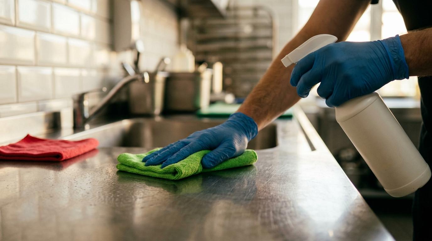 Mãos com luvas azuis limpam uma bancada de inox com um pano verde, com um borrifador branco sem rótulo na outra mão e um pano vermelho dobrado à parte junto ao lava-loiça