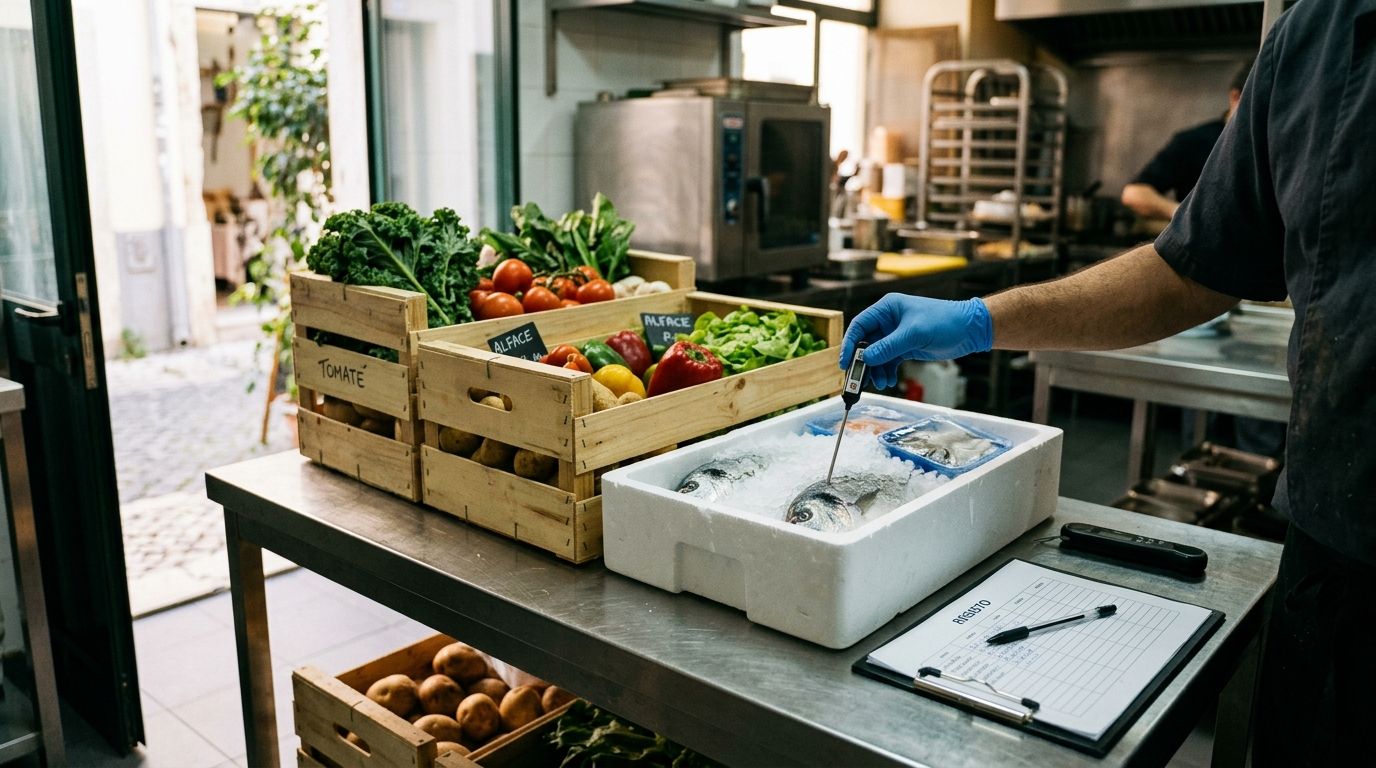 Receção de mercadoria numa cozinha profissional: caixas de legumes e uma caixa de peixe fresco em gelo sobre a mesa de inox, com uma mão enluvada a medir a temperatura com uma sonda e uma folha de registo ao lado