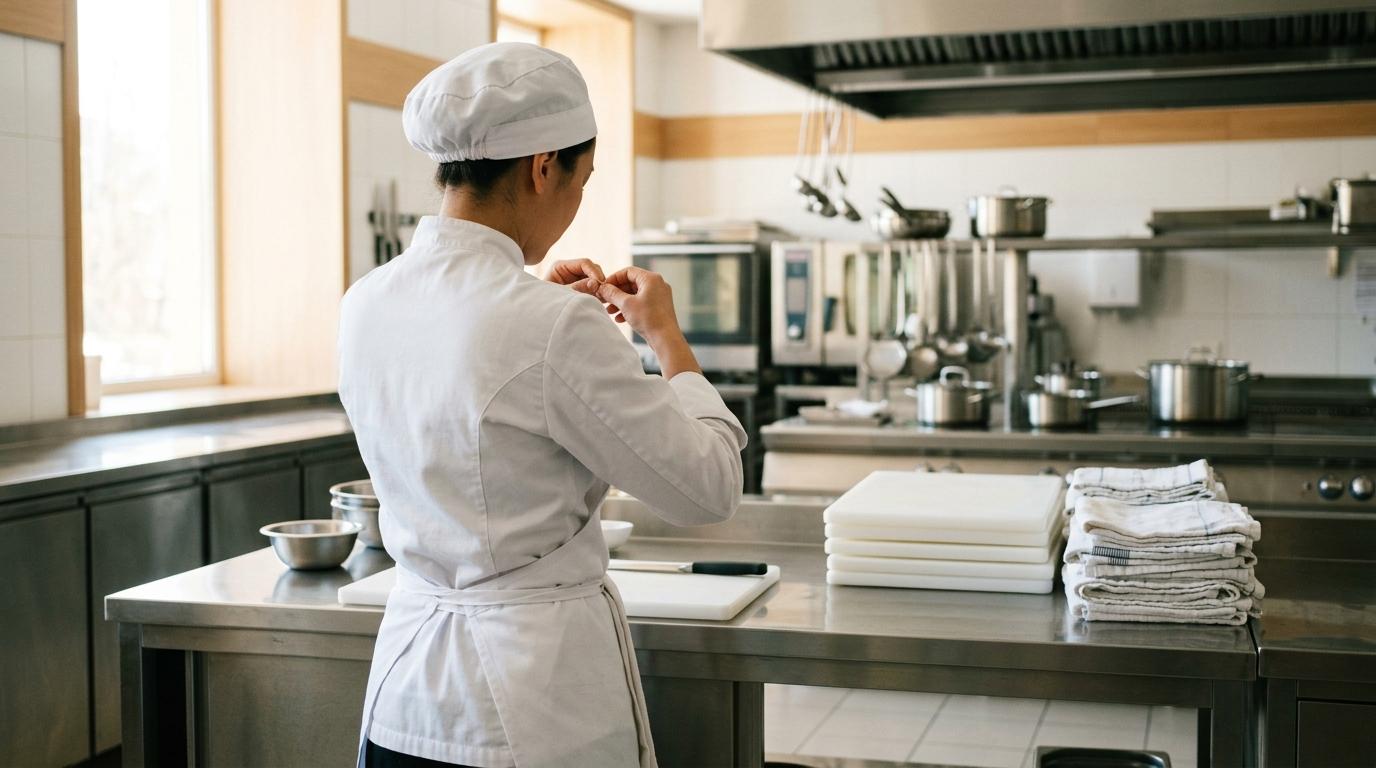 Un cuisinier de dos boutonne sa veste blanche impeccable dans une cuisine professionnelle étincelante au début de la journée