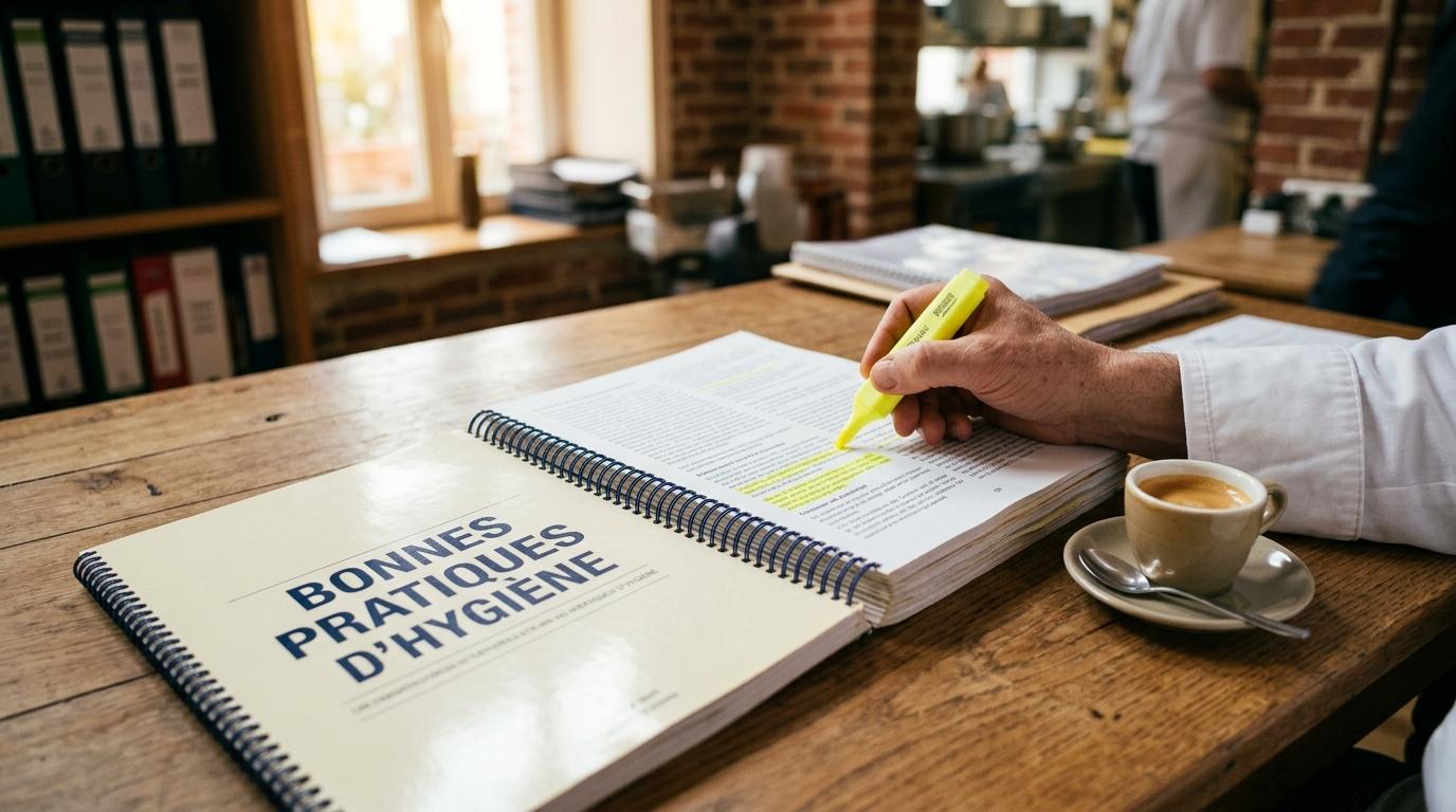 Le guide de bonnes pratiques d'hygiène ouvert sur un bureau, passages surlignés au fluo, un café à côté