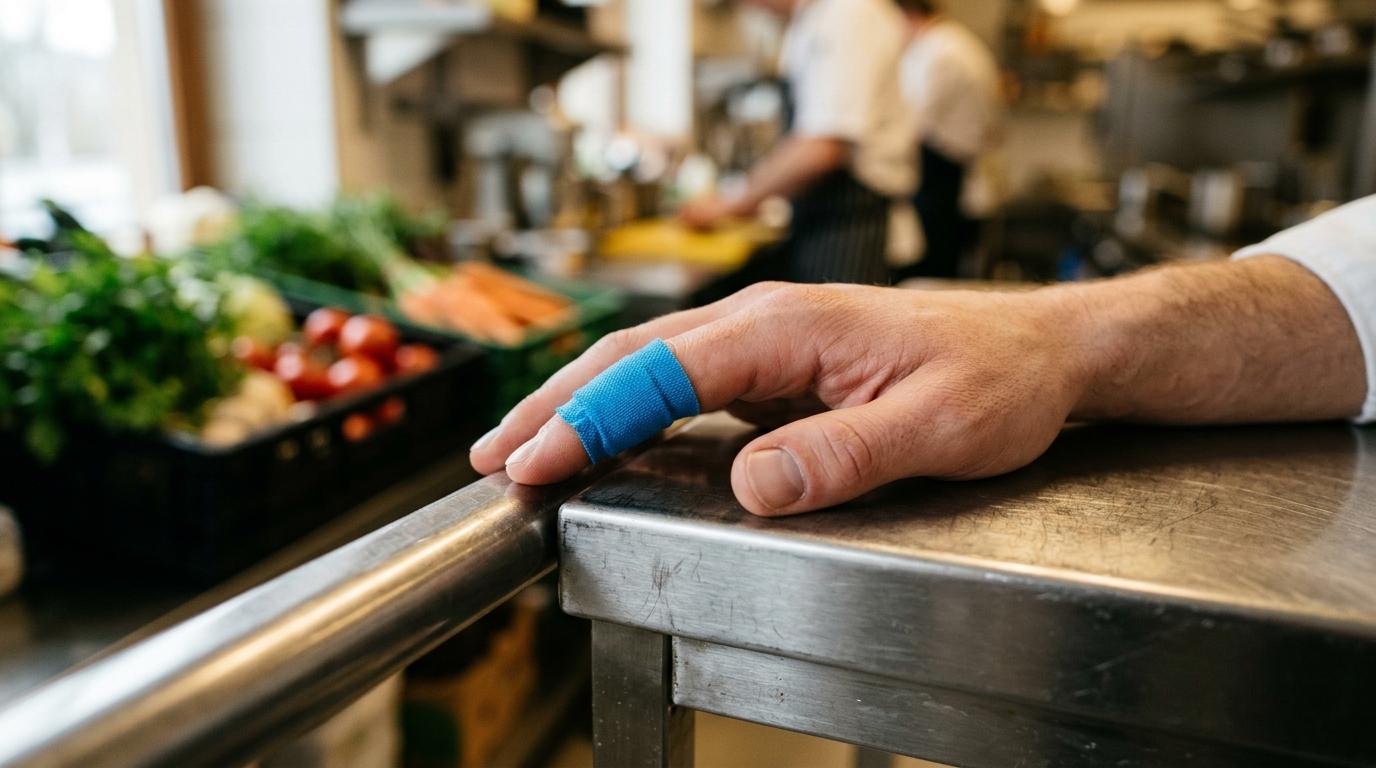 Die Hand eines Kochs mit einem leuchtend blauen wasserdichten Pflaster am Finger auf einer Edelstahl-Arbeitsfläche
