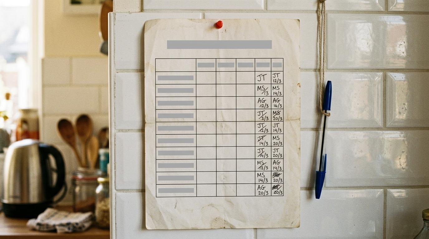 Ein Reinigungsplan als Tabelle an einer gefliesten Küchenwand, die rechte Spalte mit handschriftlichen Kürzeln und Daten abgezeichnet