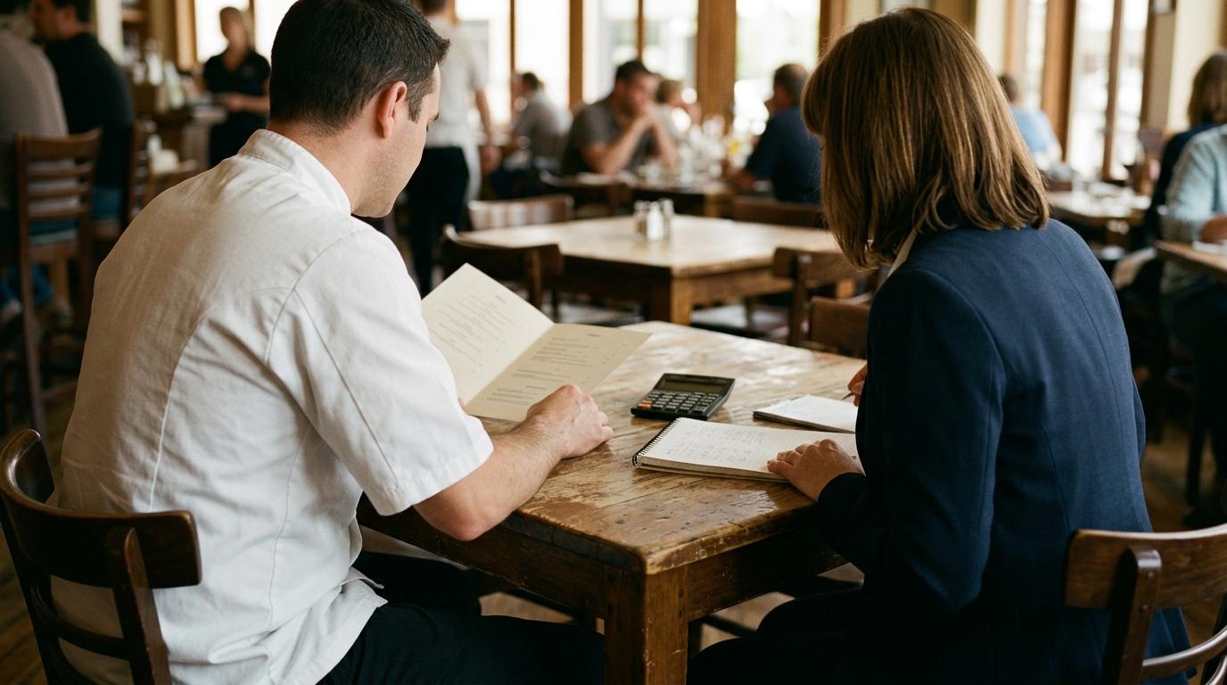 Ein Koch und eine Restaurantmanagerin kalkulieren gemeinsam Preise an einem Holztisch mit Speisekarte, Taschenrechner und Notizblock