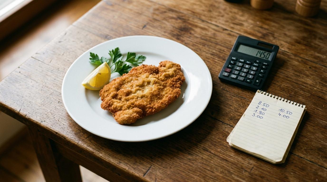 Ein goldenes Wiener Schnitzel mit Zitrone auf weißem Teller, daneben Taschenrechner und ein Notizblock mit Zahlenkolonnen