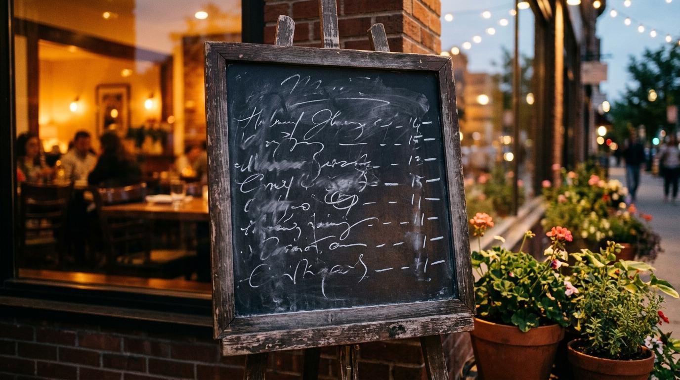 Eine Kreidetafel mit Tagesangeboten vor einem warm beleuchteten Restaurant in der Abenddämmerung
