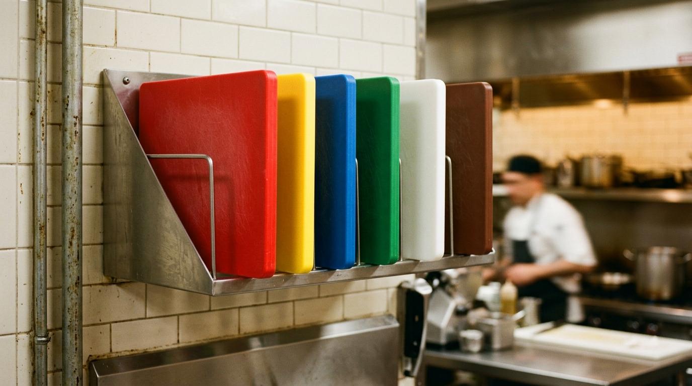 Ein Edelstahl-Wandregal in einer Profiküche mit sechs farbigen Schneidebrettern: rot, gelb, blau, grün, weiß und braun