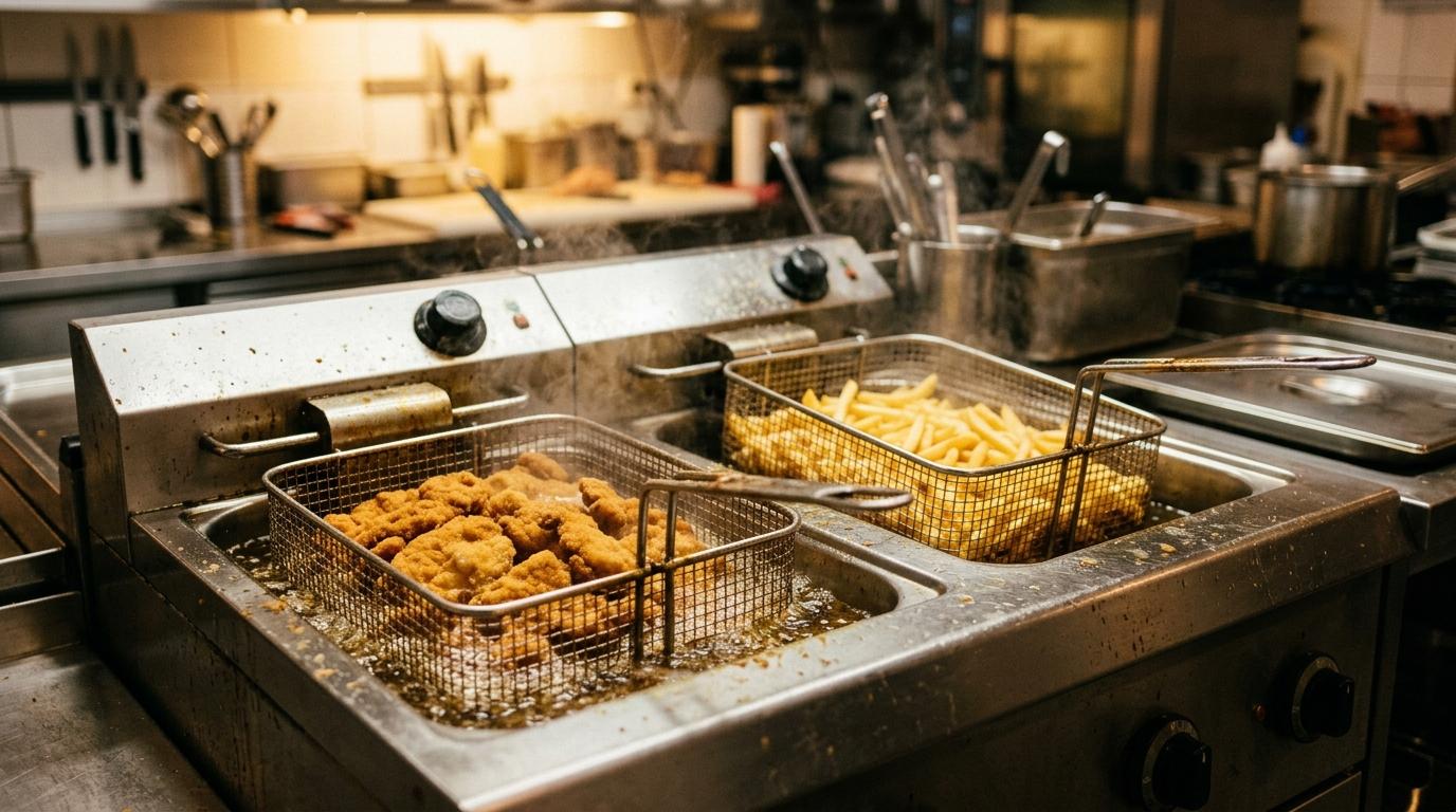 Eine Doppel-Fritteuse in einer Restaurantküche: ein Korb mit panierten Schnitzeln und ein Korb mit Pommes über demselben Öl