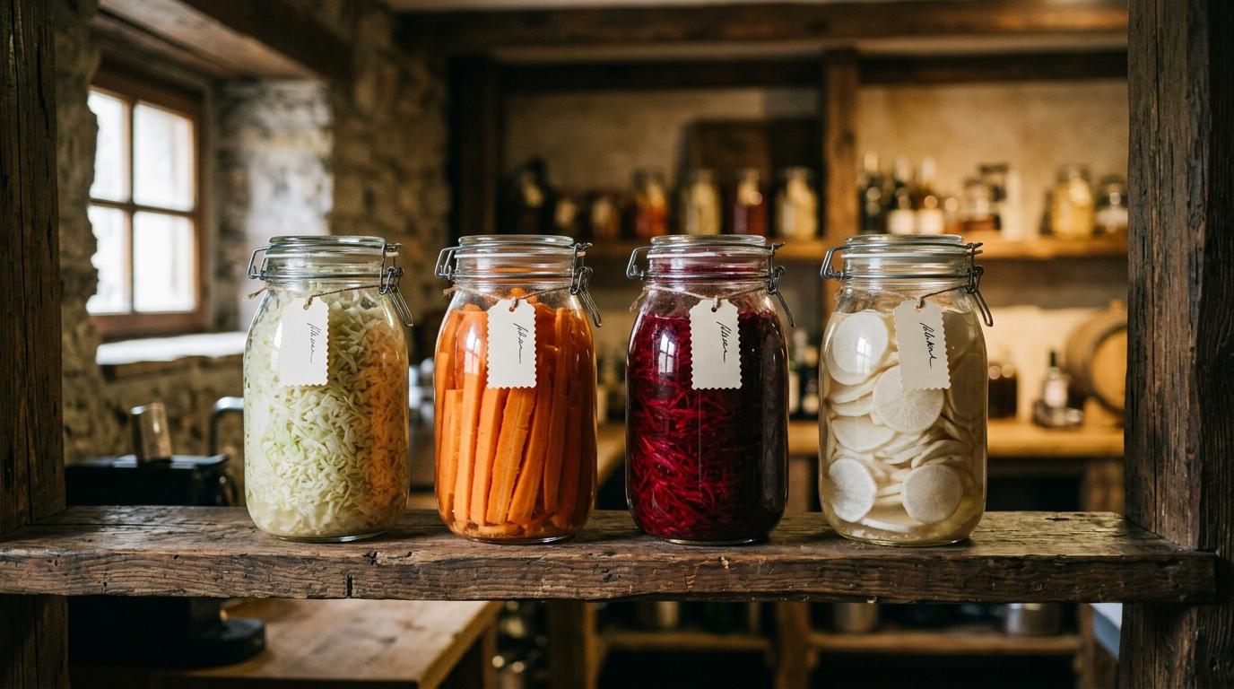 Des bocaux en verre de légumes lacto-fermentés alignés sur une étagère en bois — chou, carottes, betteraves et radis aux couleurs vives