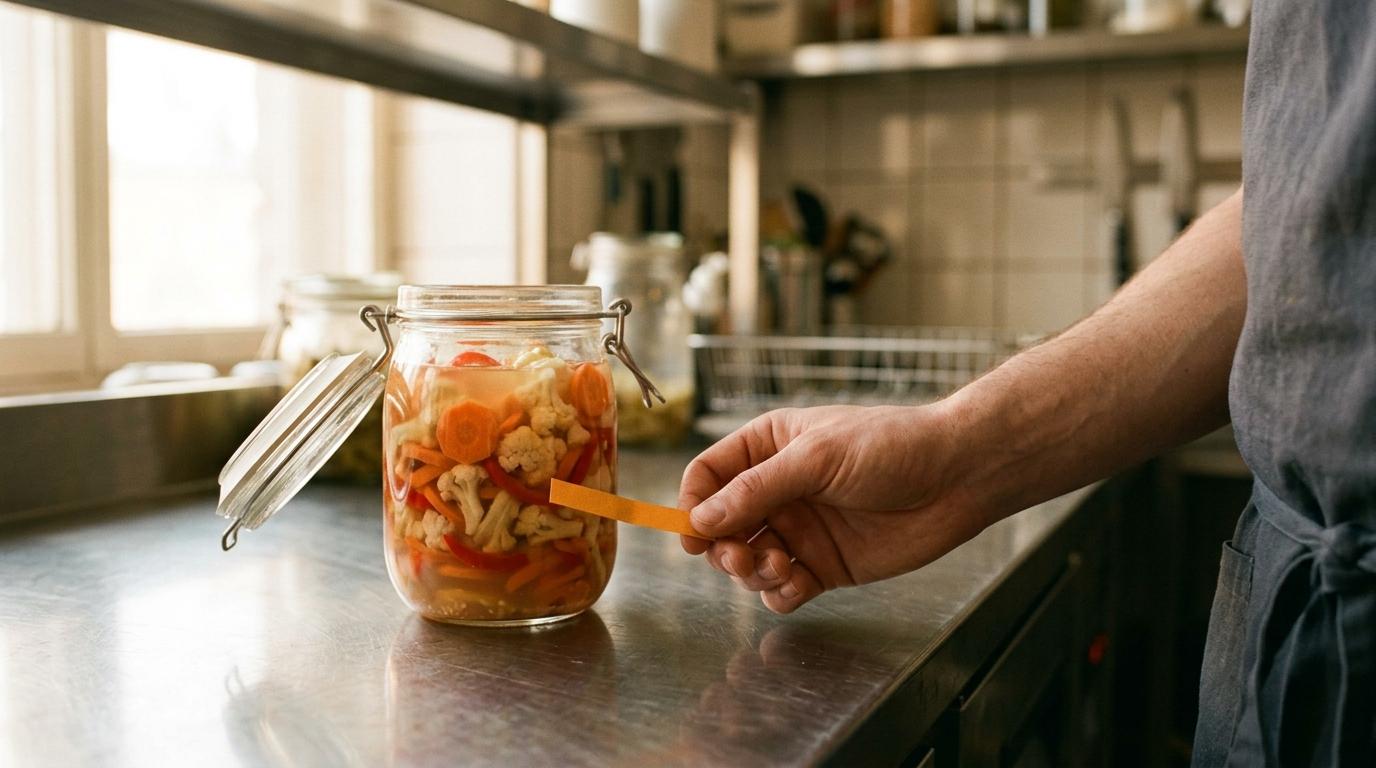 Une main tient une bandelette de mesure du pH virée à l'orange devant un bocal de légumes fermentés ouvert, sur un plan de travail en inox
