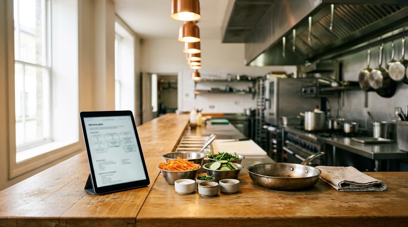 Una tablet apoyada en el pase de una cocina profesional entre cuencos de mise en place y una sartén, con luz natural de ventana