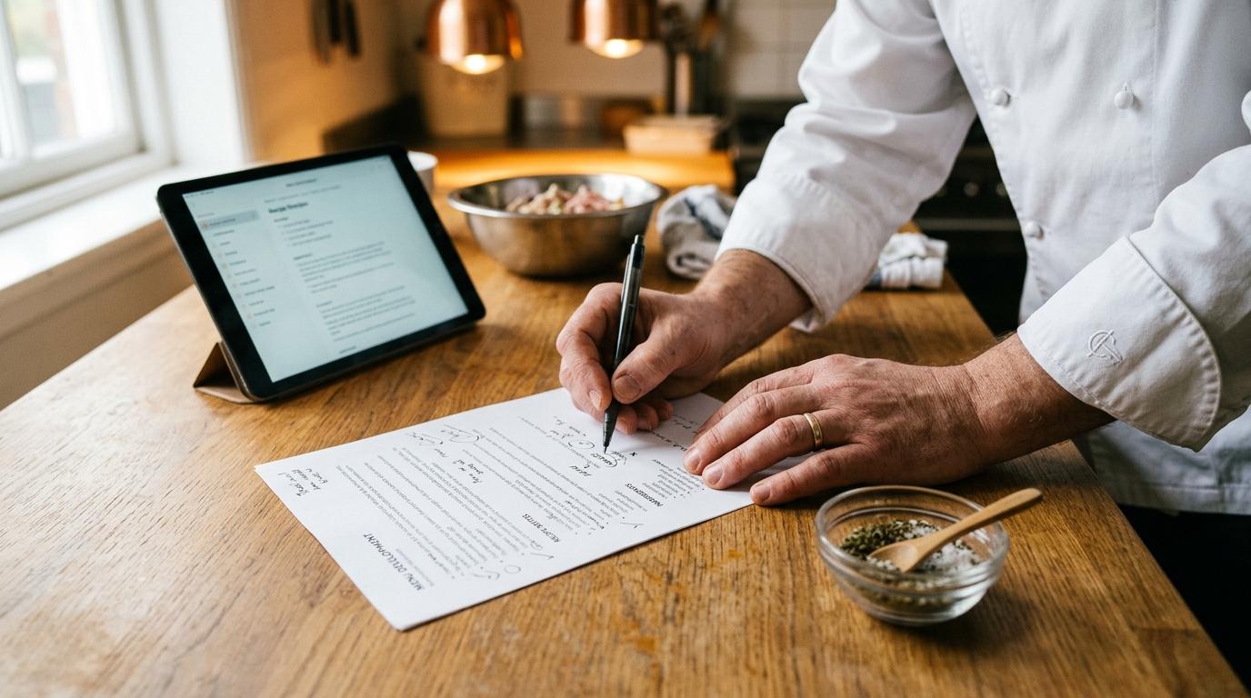 Las manos de un chef corrigiendo a bolígrafo una ficha técnica impresa sobre una encimera de roble, con una tablet encendida al lado