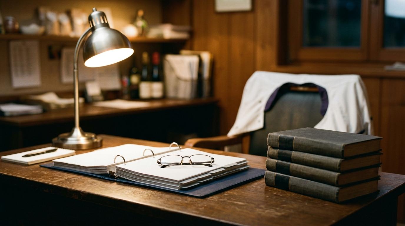 Ein aufgeräumter Schreibtisch im Restaurantbüro: aufgeschlagener Ordner, Gesetzbücher, Lesebrille und eine weiße Kochjacke über dem Stuhl