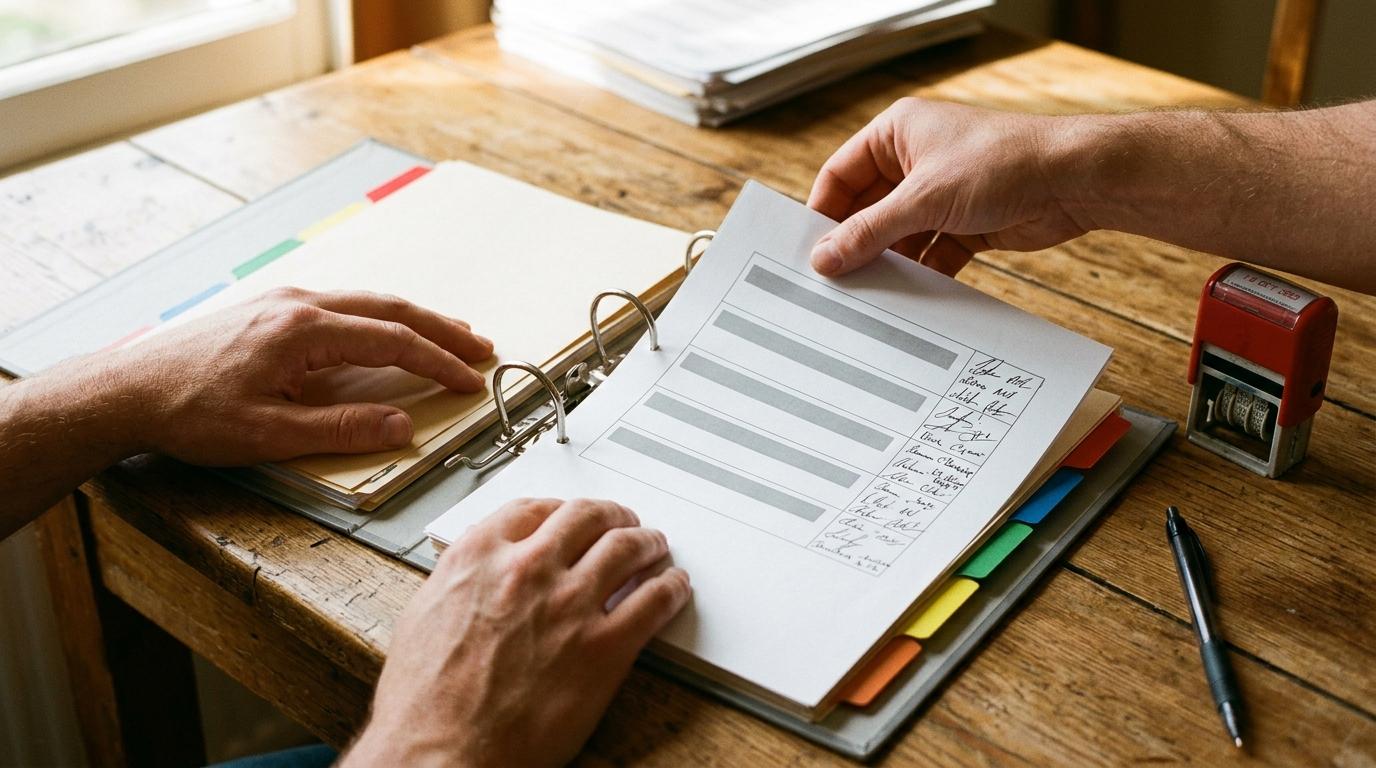 Hände heften ein Blatt mit Unterschriftenliste in einen Personalordner mit farbigen Registern, daneben Datumsstempel und Stift