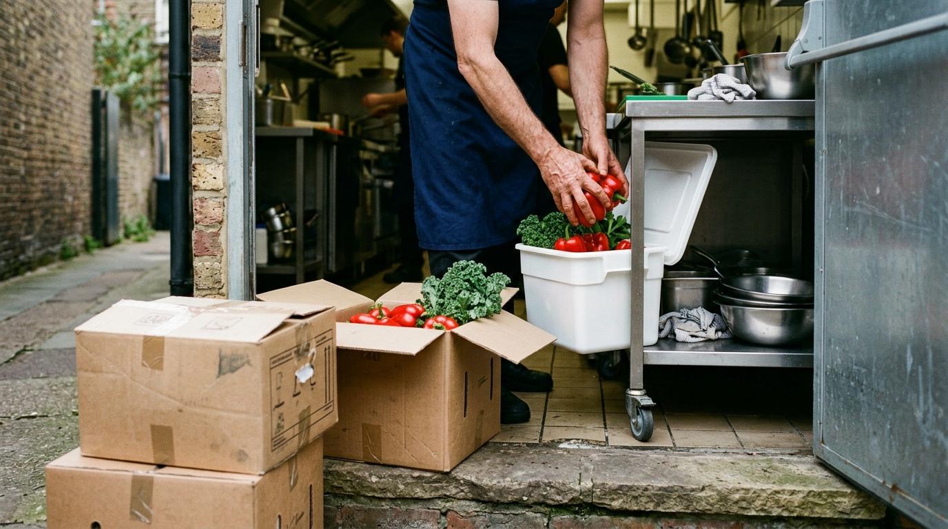 À la porte arrière d'une cuisine, un cuisinier transvase les légumes des cartons de livraison vers un bac propre sur un chariot inox — les cartons restent dehors