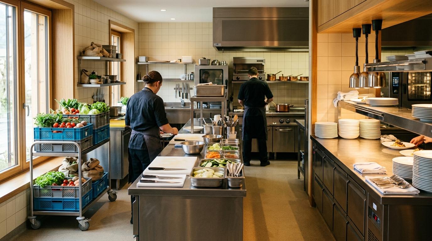 Une cuisine professionnelle organisée en flux : caisses de livraison près de la porte, zone de préparation au centre et passe étincelant au fond