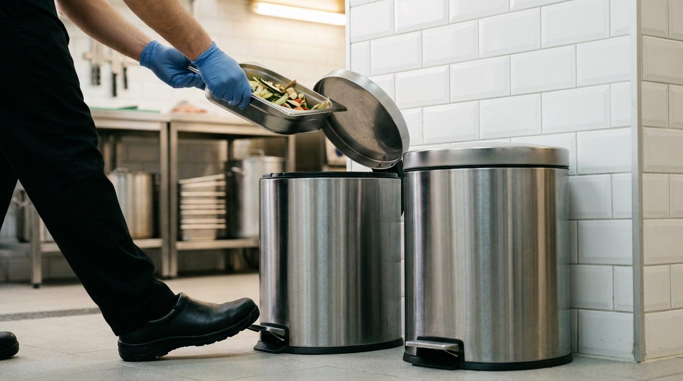Poubelles inox fermées à pédale dans un angle impeccable de cuisine professionnelle, ouvertes au pied sans contact des mains