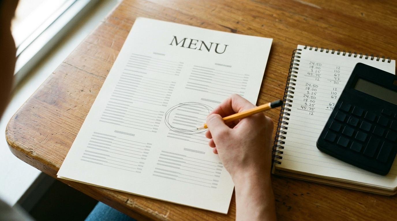 Une main entoure des plats au crayon sur une carte imprimée, annotations posées à côté d'une calculatrice