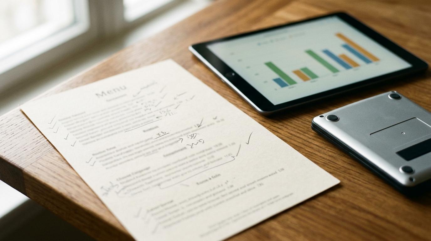 Une carte de restaurant annotée au crayon sur un bureau en bois, à côté d'une tablette affichant un graphique en barres et d'une calculatrice retournée
